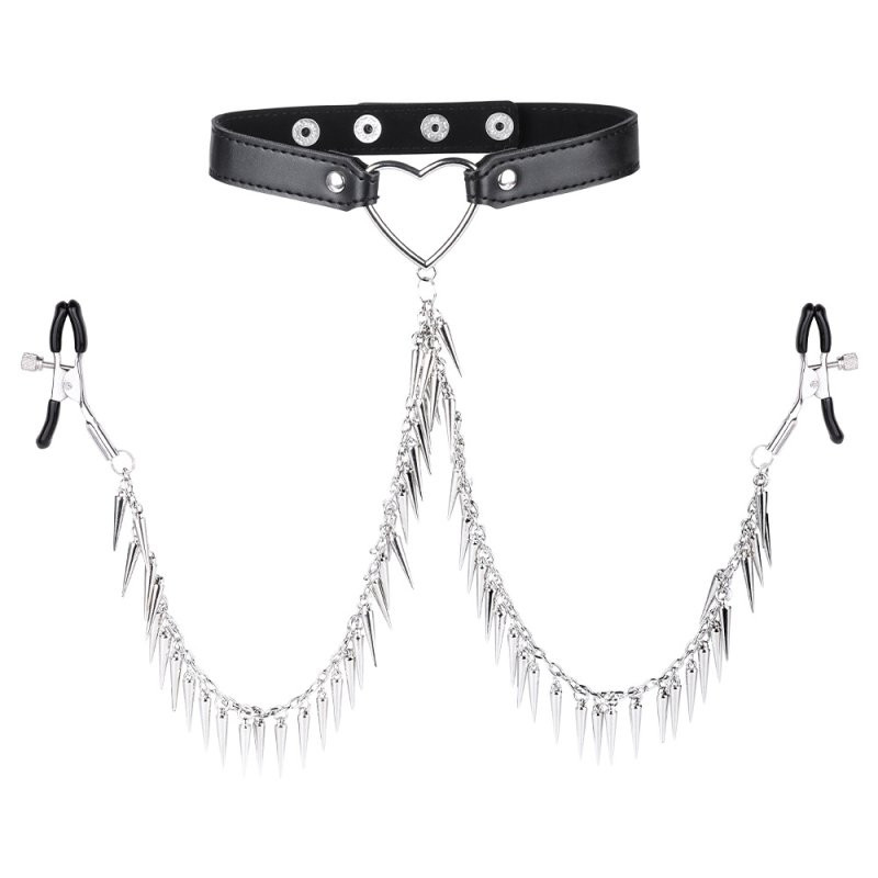 Joy Jewels Collier avec Pince-Tétons Spike Heart Noir